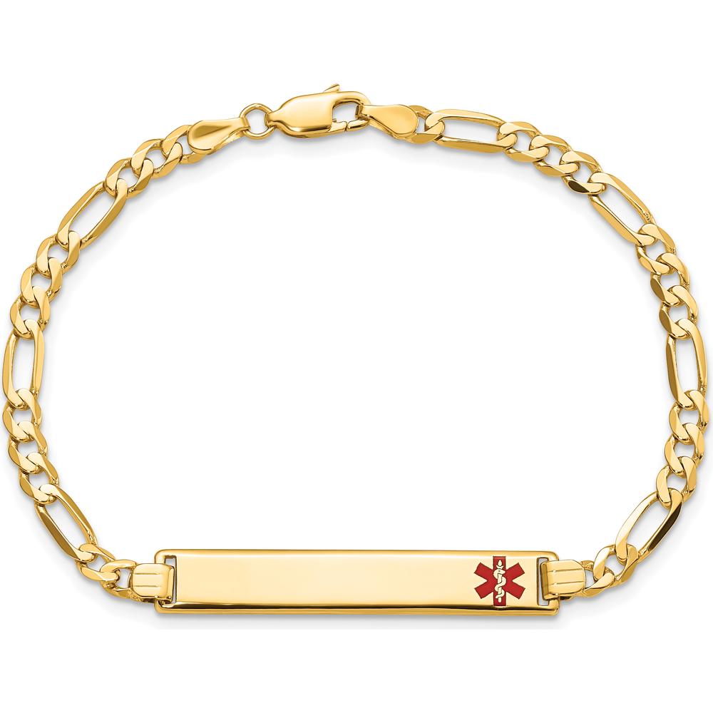 14K Yellow Gold Medical Alert Figaro Link Bracelet with Off-Center Red Enamel Plate - 8" by Oro Pregiato