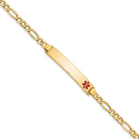 14K Yellow Gold Medical Alert Figaro Link Bracelet with Red Enamel - 8" by Oro Pregiato