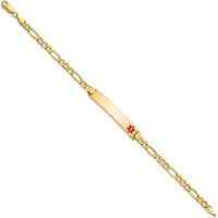 14K Yellow Gold Medical Alert Figaro Link Bracelet with Red Enamel - 8" by Oro Pregiato