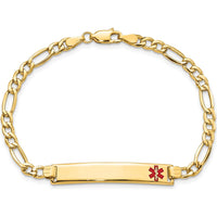 14K Yellow Gold Medical Alert Figaro Link Bracelet with Red Enamel - 8" by Oro Pregiato