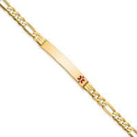 14K Yellow Gold Medical Alert Flat Figaro Link Bracelet with Red Enamel Medical Symbol by Oro Pregiato