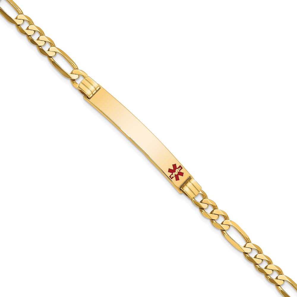 14K Yellow Gold Medical Alert Flat Figaro Link Bracelet with Red Enamel Medical Symbol by Oro Pregiato