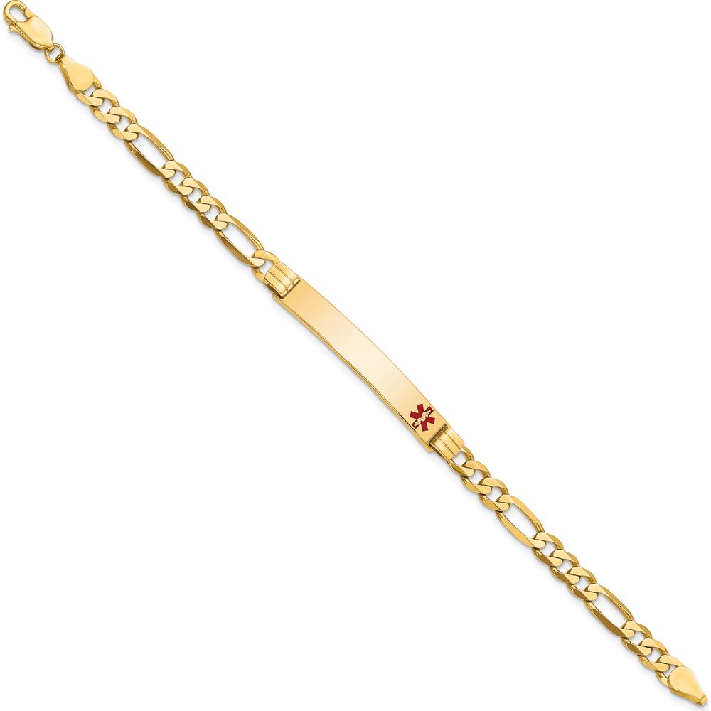 14K Yellow Gold Medical Alert Flat Figaro Link Bracelet with Red Enamel Medical Symbol by Oro Pregiato