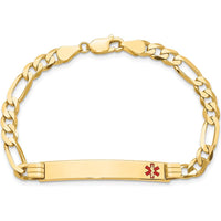 14K Yellow Gold Medical Alert Flat Figaro Link Bracelet with Red Enamel Medical Symbol by Oro Pregiato
