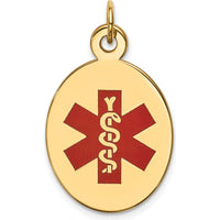 14K Yellow Gold Medical Alert Pendant with Red Enamel - 23x16.5mm Oval Design by Oro Pregiato