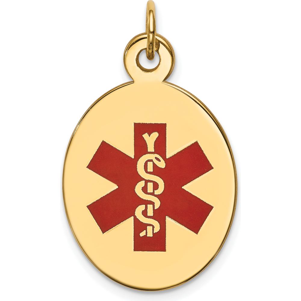 14K Yellow Gold Medical Alert Pendant with Red Enamel - 23x16.5mm Oval Design by Oro Pregiato