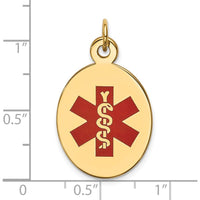 14K Yellow Gold Medical Alert Pendant with Red Enamel - 23x16.5mm Oval Design by Oro Pregiato