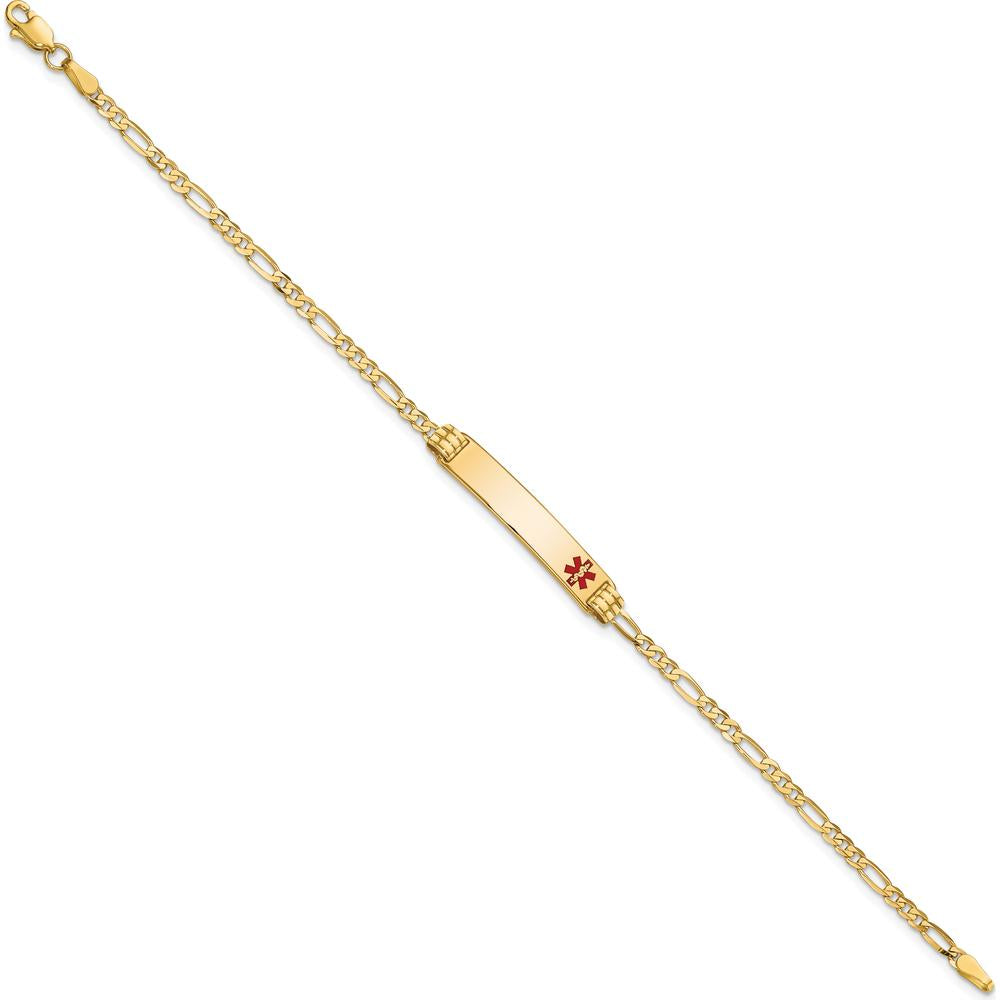 14K Yellow Gold Medical ID Bracelet with Red Enamel Charm - 7" Figaro Link Design by Oro Pregiato