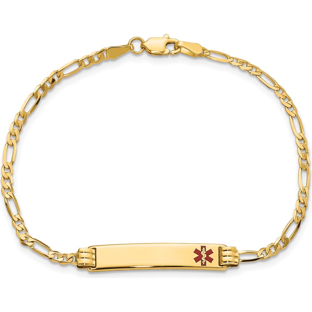 14K Yellow Gold Medical ID Bracelet with Red Enamel Charm - 7" Figaro Link Design by Oro Pregiato