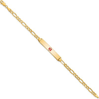 14K Yellow Gold Medical ID Bracelet with Red Enamel Cross - 8" Figaro Link Chain by Oro Pregiato