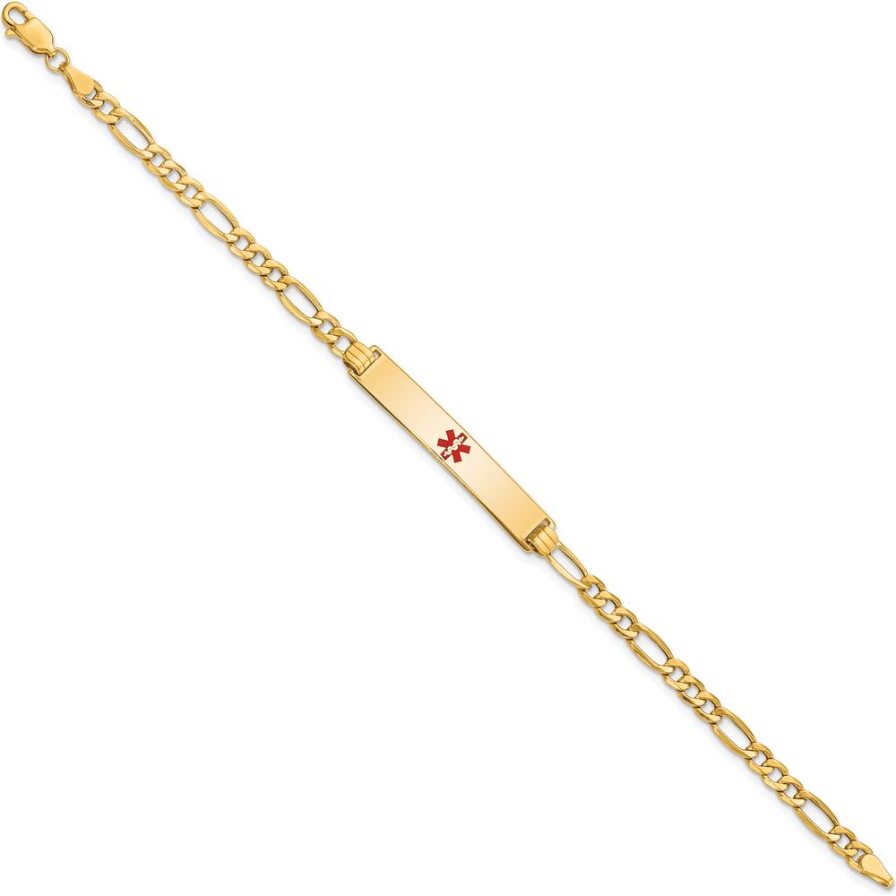 14K Yellow Gold Medical ID Bracelet with Red Enamel Cross - 8" Figaro Link Chain by Oro Pregiato