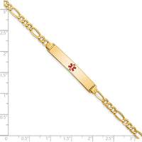 14K Yellow Gold Medical ID Bracelet with Red Enamel Cross - 8" Figaro Link Chain by Oro Pregiato
