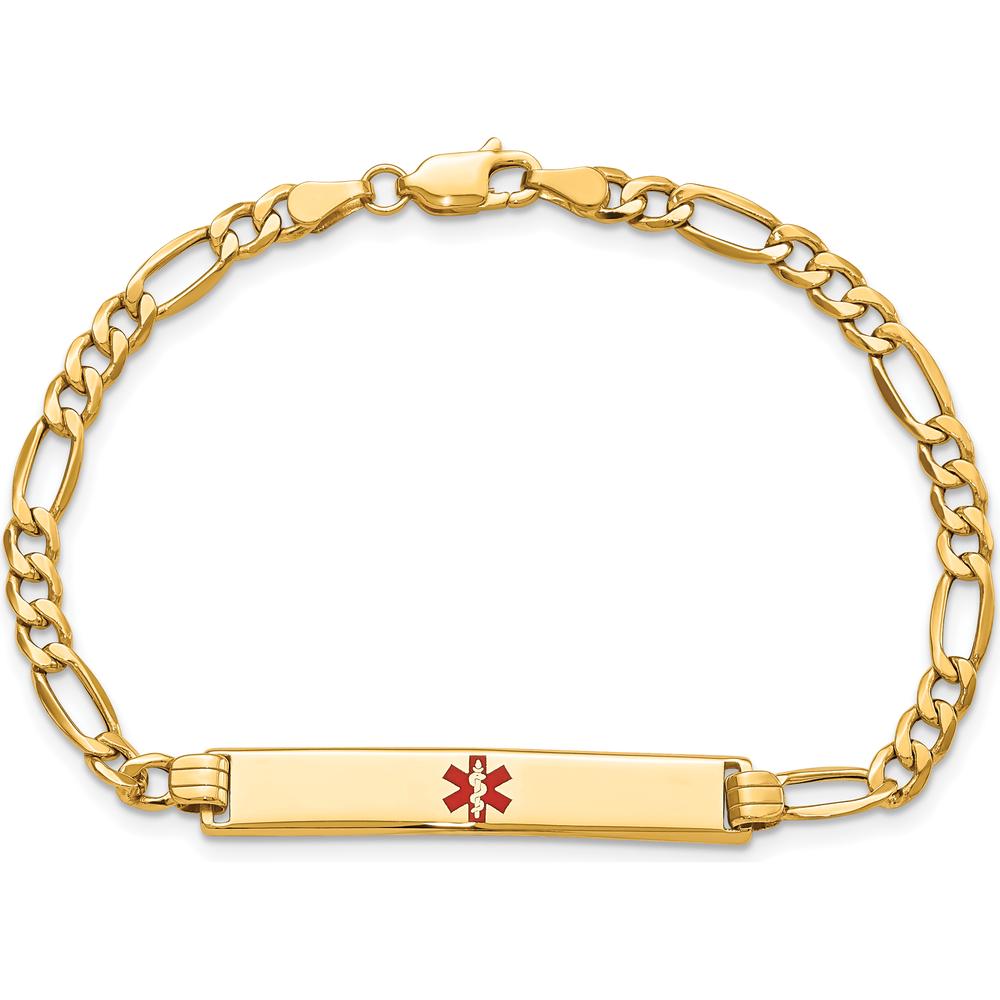 14K Yellow Gold Medical ID Bracelet with Red Enamel Cross - 8" Figaro Link Chain by Oro Pregiato