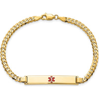 14K Yellow Gold Medical ID Bracelet with Red Enamel Medical Alert Charm - 7" Curb Link Design by Oro Pregiato