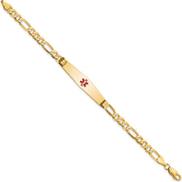 14K Yellow Gold Medical ID Bracelet with Red Enamel Medical Alert Symbol and Figaro Chain, 8" Length by Oro Pregiato