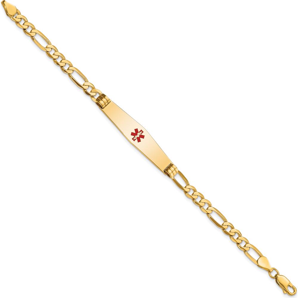 14K Yellow Gold Medical ID Bracelet with Red Enamel Medical Alert Symbol and Figaro Chain, 8" Length by Oro Pregiato