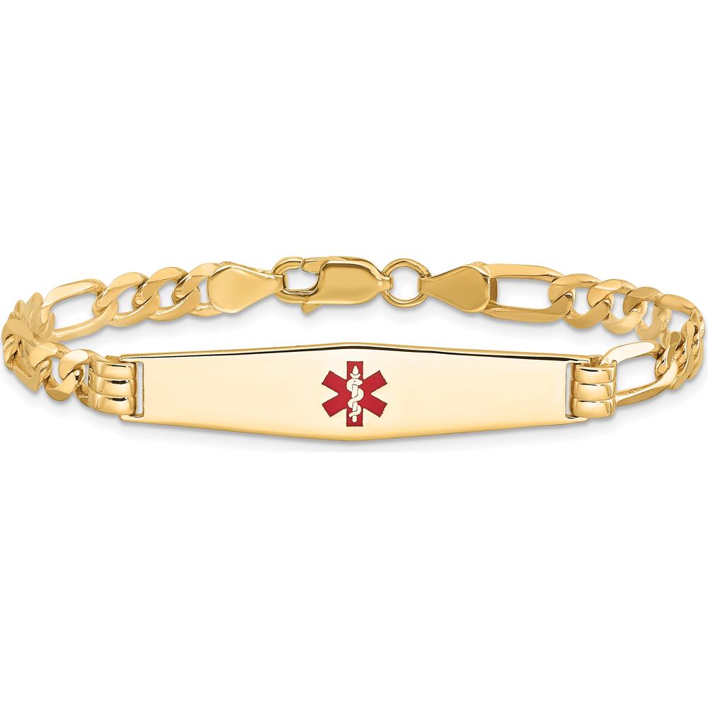 14K Yellow Gold Medical ID Bracelet with Red Enamel Medical Alert Symbol and Figaro Chain, 8" Length by Oro Pregiato