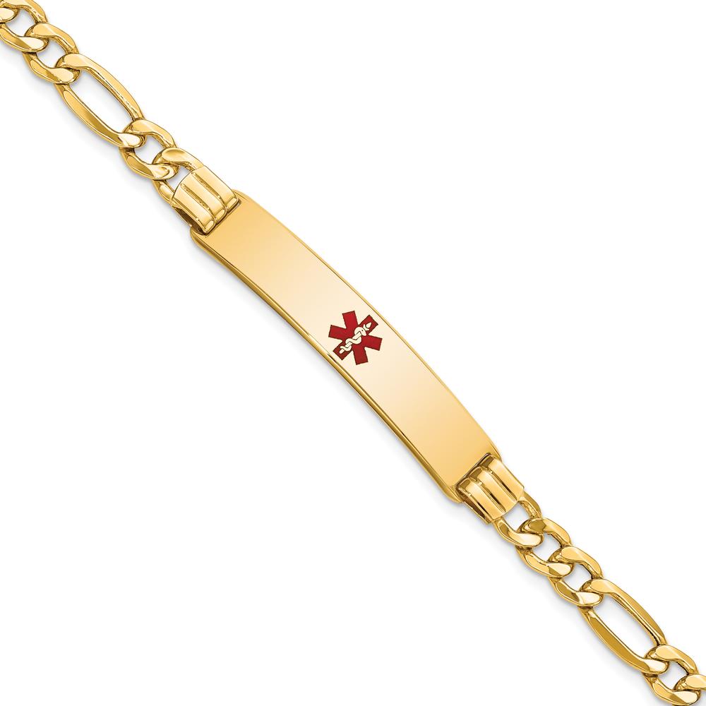 14K Yellow Gold Medical ID Bracelet with Red Enamel Medical Symbol and Figaro Link Chain - 7" Length by Oro Pregiato