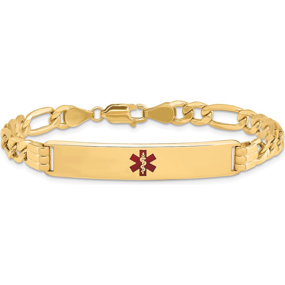14K Yellow Gold Medical ID Bracelet with Red Enamel Medical Symbol and Figaro Link Chain - 7" Length by Oro Pregiato