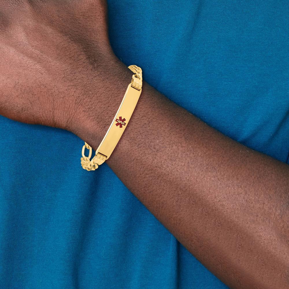 14K Yellow Gold Medical ID Bracelet with Red Enamel Medical Symbol and Figaro Link Chain - 7" Length by Oro Pregiato