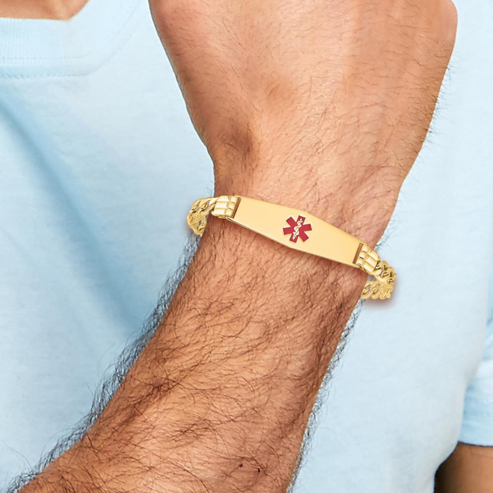 14K Yellow Gold Medical ID Bracelet with Red Enamel Medical Symbol and Figaro Link Chain - 8" Length by Oro Pregiato