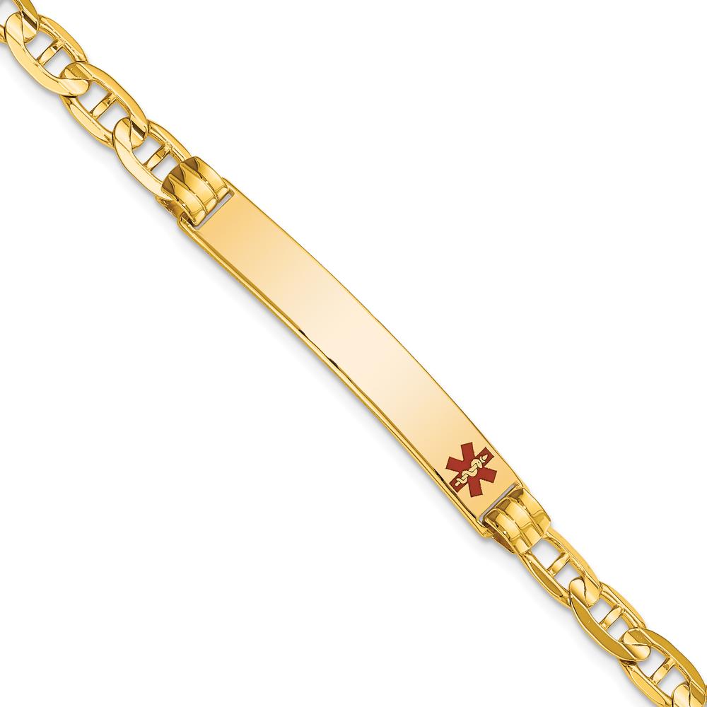14K Yellow Gold Medical Solid Chain Bracelet with Red Enamel Anchor Charm - 8" Length by Oro Pregiato