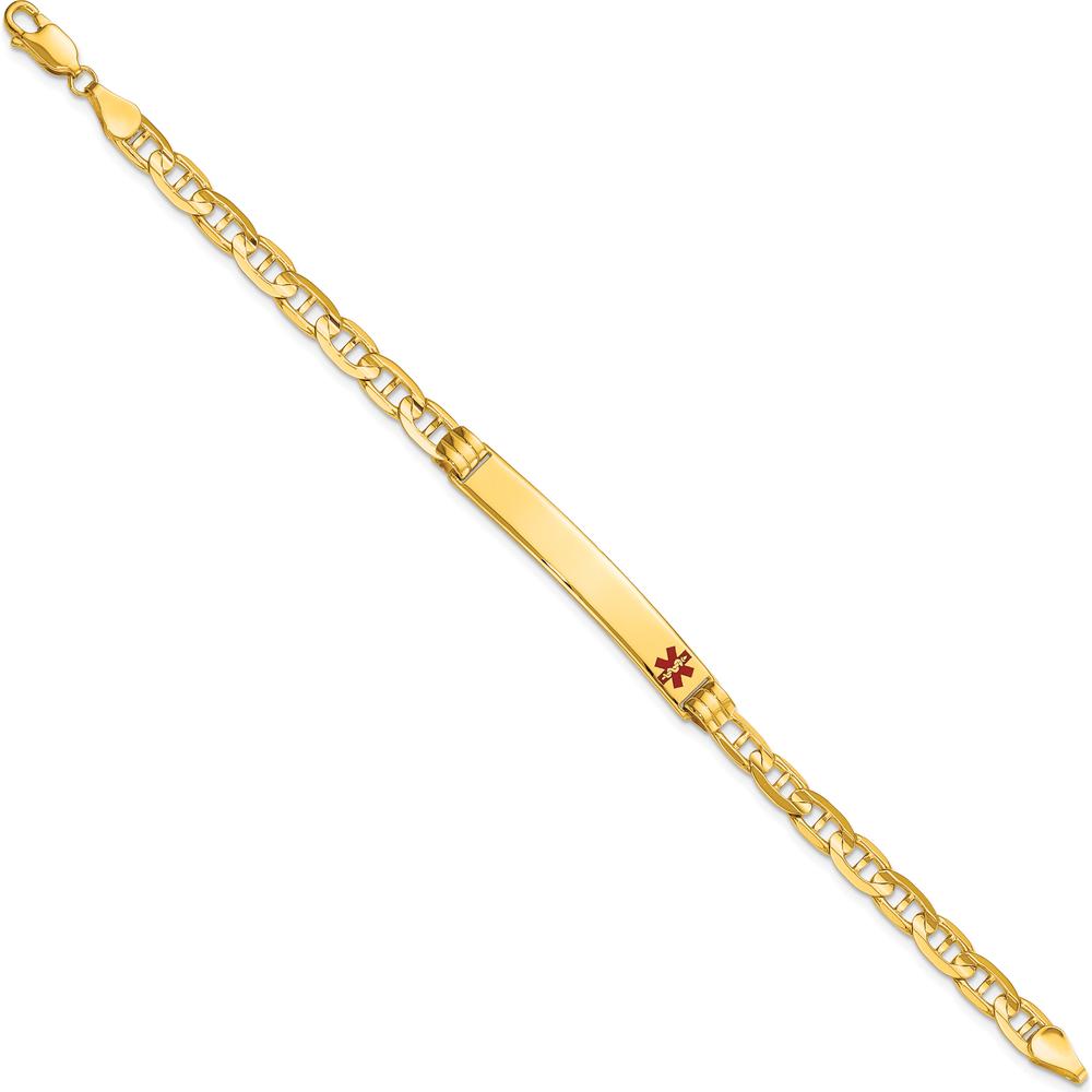 14K Yellow Gold Medical Solid Chain Bracelet with Red Enamel Anchor Charm - 8" Length by Oro Pregiato