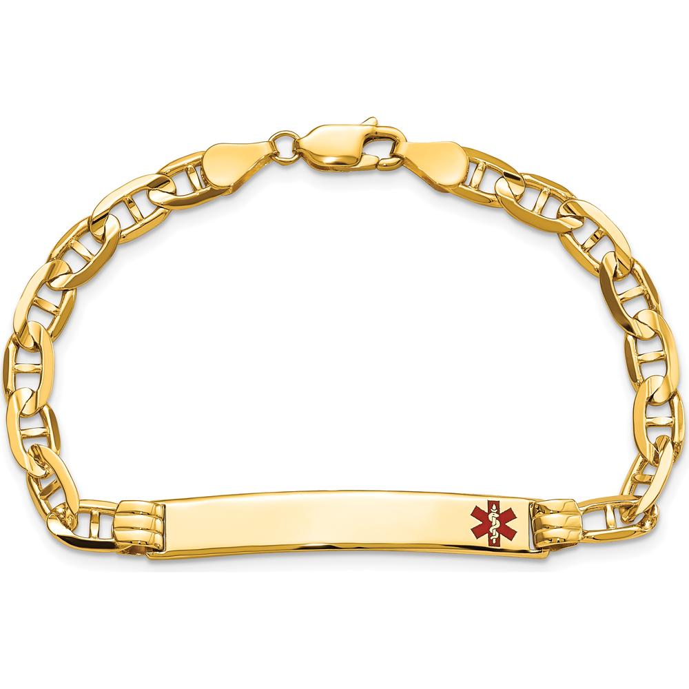 14K Yellow Gold Medical Solid Chain Bracelet with Red Enamel Anchor Charm - 8" Length by Oro Pregiato