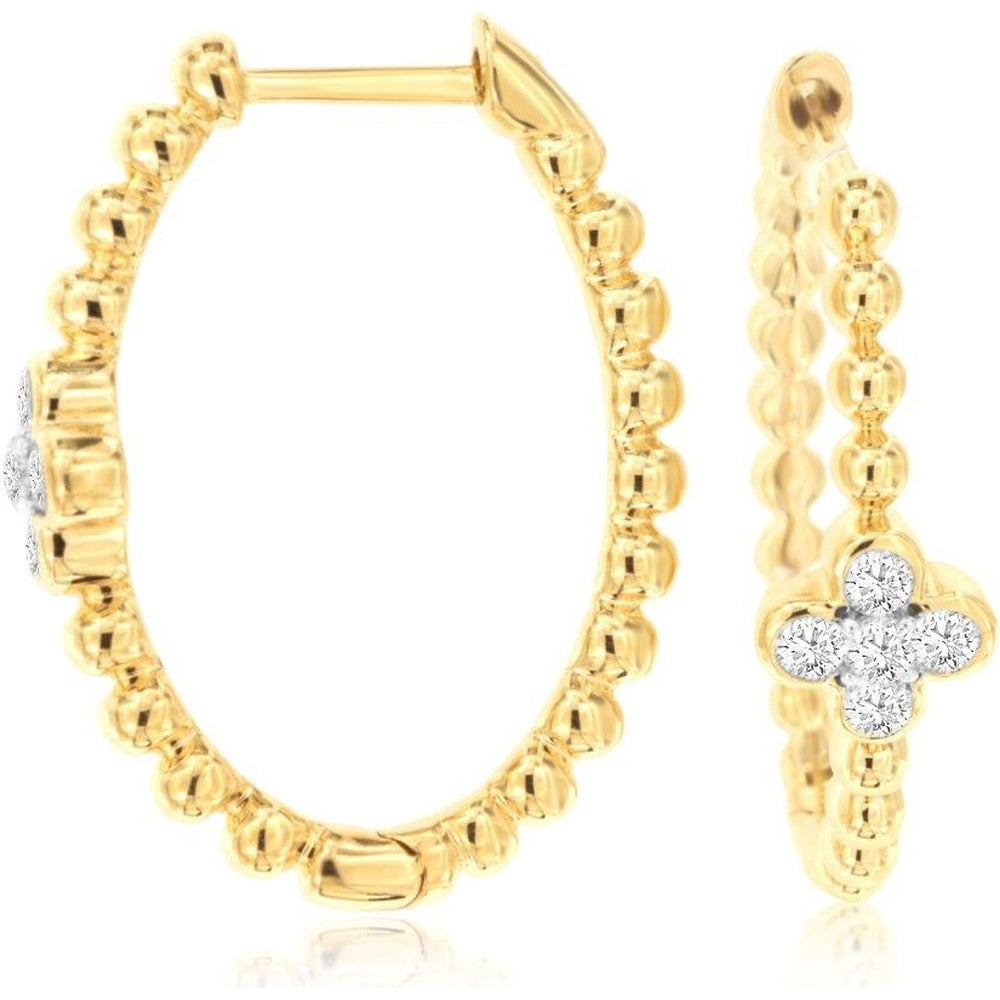 14K Yellow Gold Medium Beaded Hoop Earrings with Prong-Set Round Diamond Floral Motif - 0.25 Carat Total Diamond Weight - Royal Jewelry
