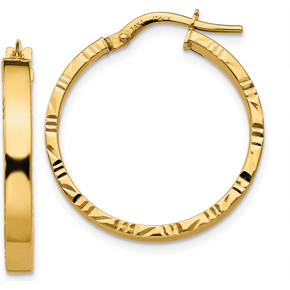14K Yellow Gold Medium Diamond Cut Edge Hoop Earrings - 3mm Width by 0