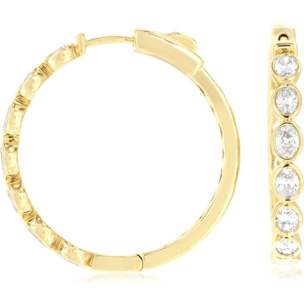 14K Yellow Gold Medium Diamond Hoop Earrings with Bezel Set Round Brilliant Diamonds - 1.60 Carat Total Diamond Weight - Royal Jewelry