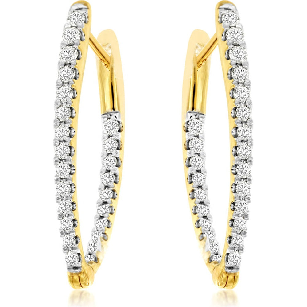 14K Yellow Gold Medium Diamond Hoop Earrings with White Gold Prong-Set Round Brilliant Diamonds - 0.55 Carat Total Diamond Weight - Royal Jewelry