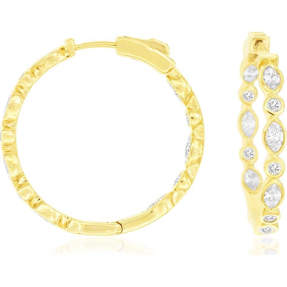 14K Yellow Gold Medium Hoop Earrings with Alternating Round and Marquise Diamonds - 1.75 Carat Total Diamond Weight - Royal Jewelry