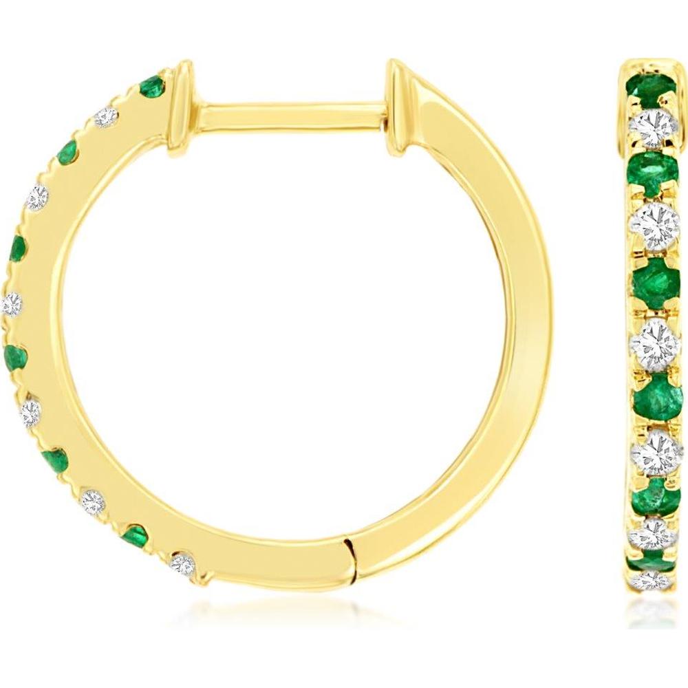 14K Yellow Gold Medium Hoop Earrings with Alternating Round Emerald and Diamond Prong Settings - 0.12 Carat Diamond Total Weight, 0.15 Carat Emerald Total Weight - Royal Jewelry