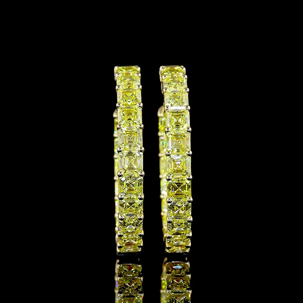 14K Yellow Gold Medium Hoop Earrings with Asscher Cut Fancy Vivid Yellow Lab Diamonds - 10.76 Carats Total Diamond Weight - Covaloro Fine Jewelry
