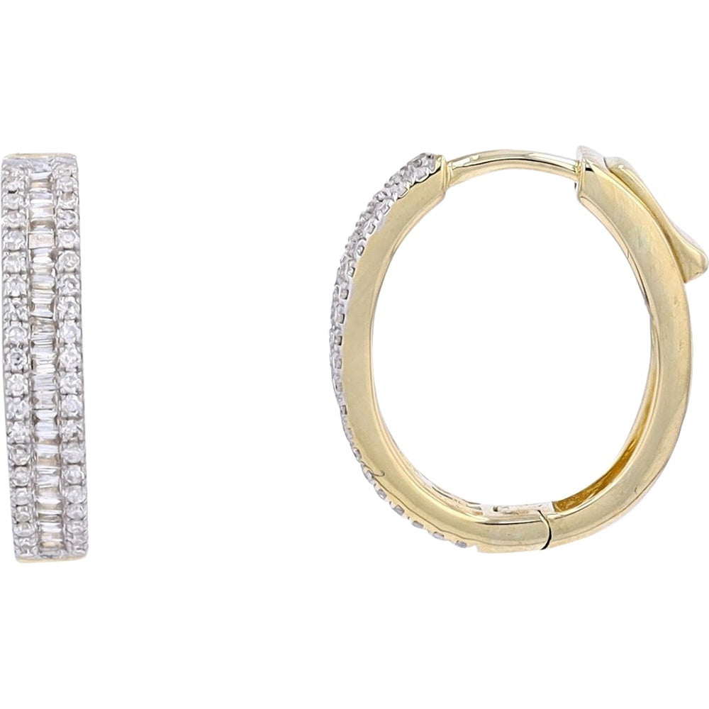 14K Yellow Gold Medium Hoop Earrings with Baguette and Round Cut Diamonds - 0.60 Carat Total Diamond Weight