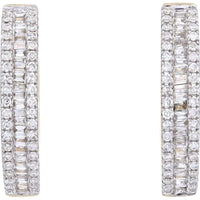 14K Yellow Gold Medium Hoop Earrings with Baguette and Round Cut Diamonds - 0.60 Carat Total Diamond Weight