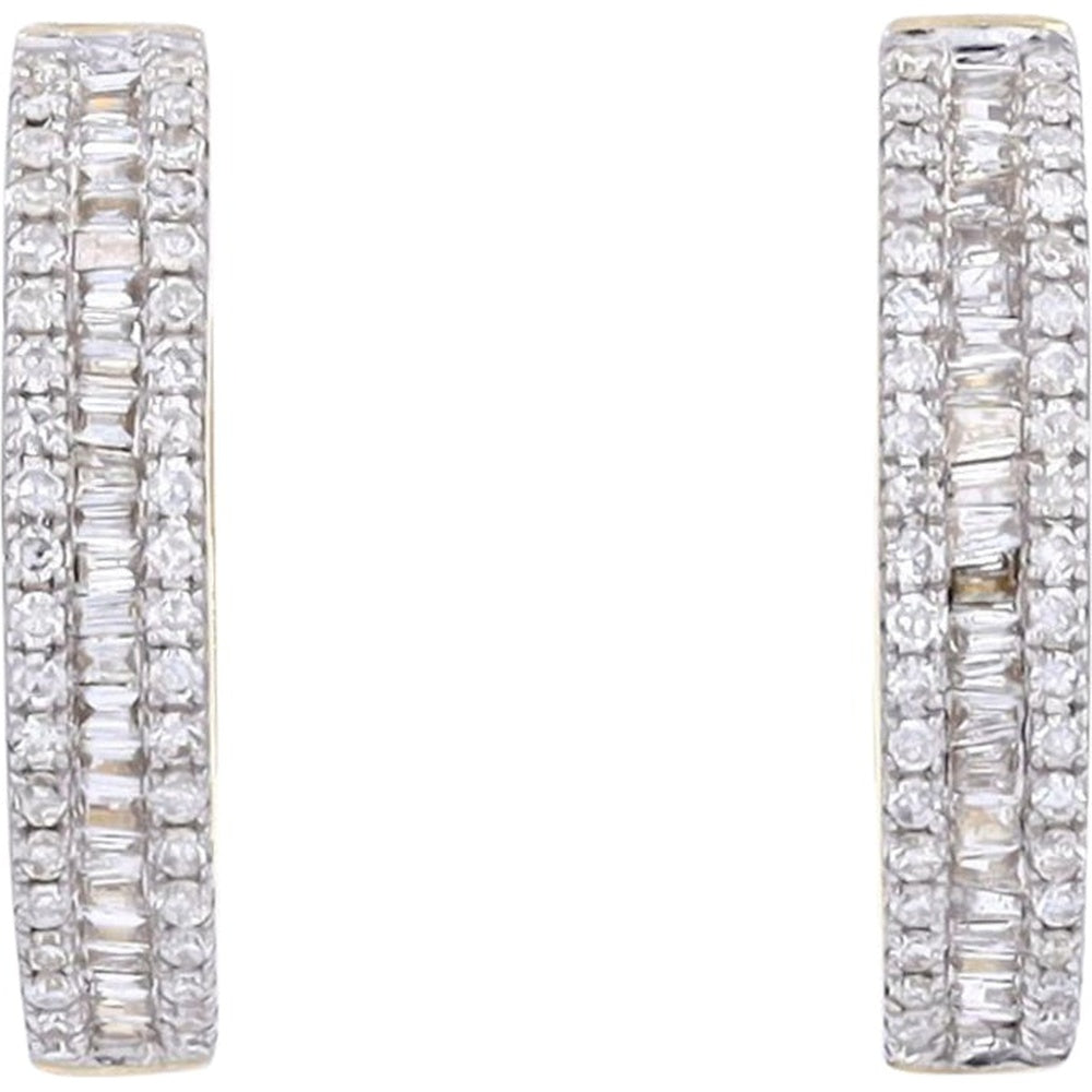 14K Yellow Gold Medium Hoop Earrings with Baguette and Round Cut Diamonds - 0.60 Carat Total Diamond Weight