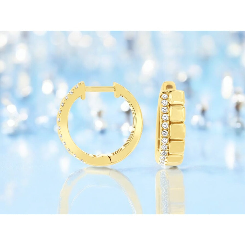 14K Yellow Gold Medium Hoop Earrings with Bead-Set Round Diamonds - 0.16 Carat Total Diamond Weight - Royal Jewelry