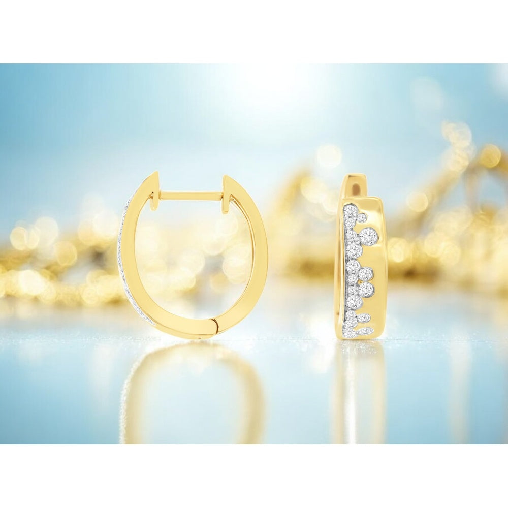 14K Yellow Gold Medium Hoop Earrings with Bezel and Prong Set Round Diamonds - 0.38 Carat Total Diamond Weight - Royal Jewelry