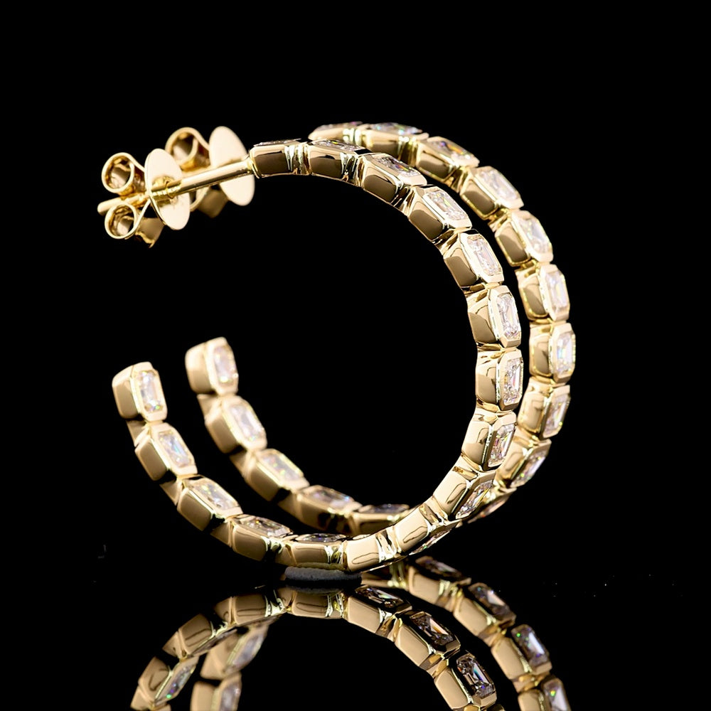 14K Yellow Gold Medium Hoop Earrings with Bezel Set Asscher Cut Lab Diamonds - 4.06 Carats Total Diamond Weight - Covaloro Fine Jewelry