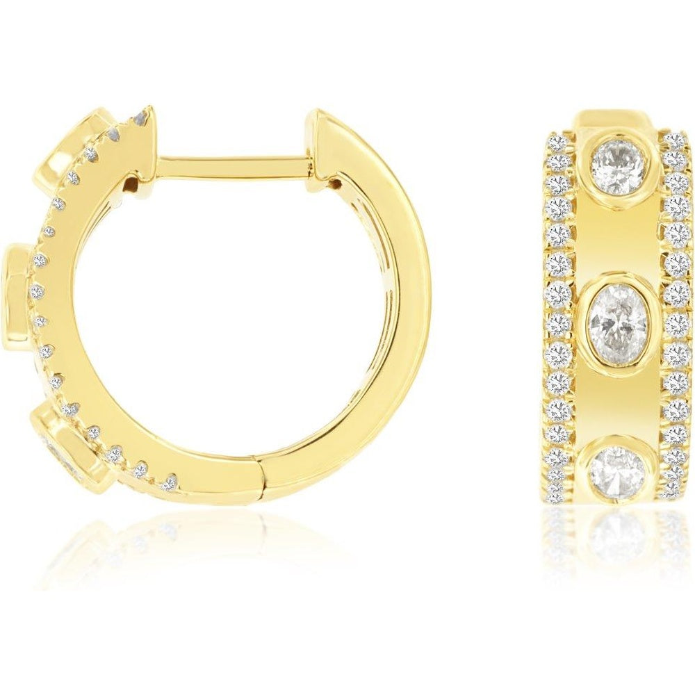 14K Yellow Gold Medium Hoop Earrings with Bezel-Set Round Diamonds and Milgrain Detailing - 0.64 Carat Total Diamond Weight - Royal Jewelry