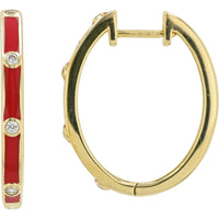 14K Yellow Gold Medium Hoop Earrings with Bezel Set Round Diamonds and Vibrant Red Enamel Inlay - 0.10 Carat Total Diamond Weight
