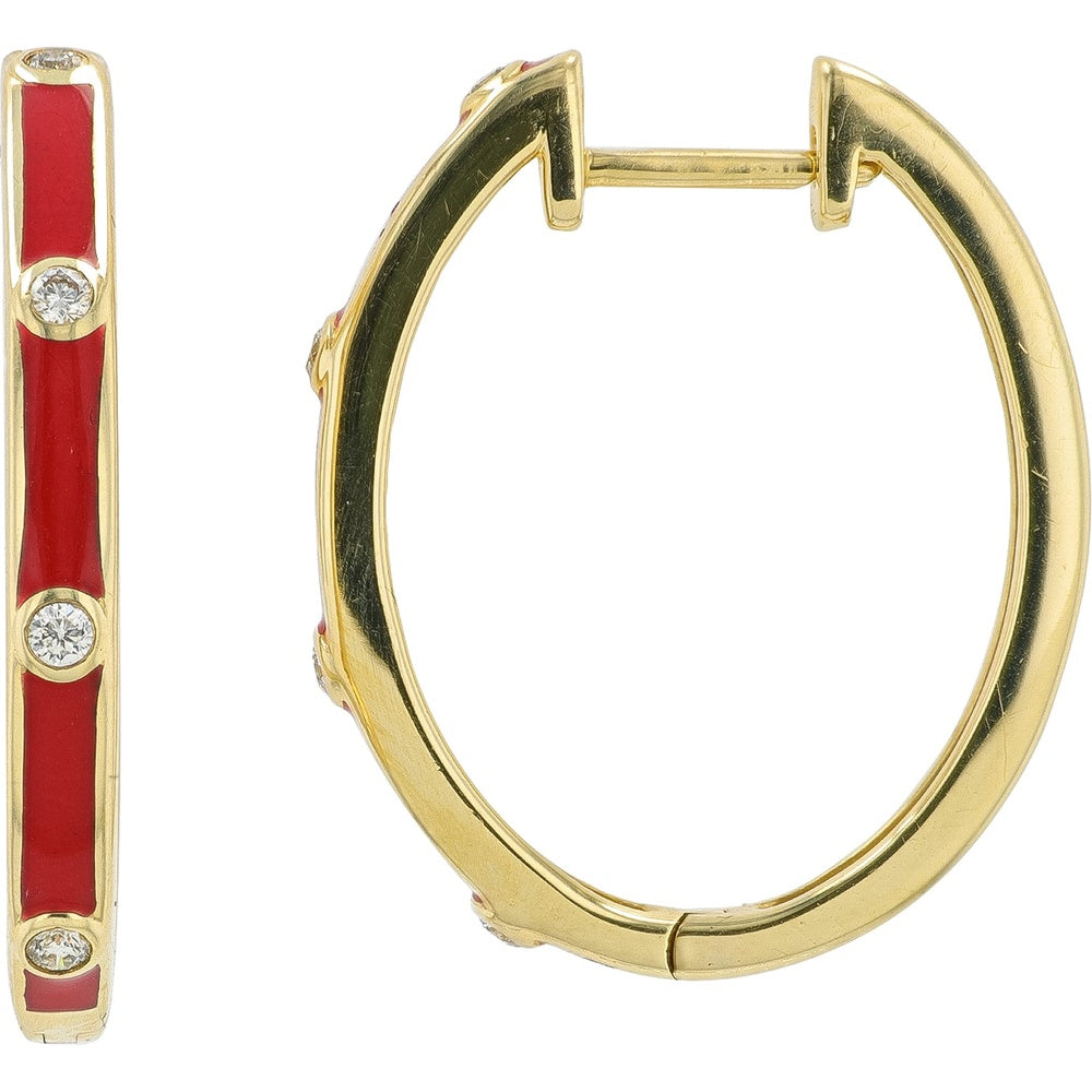 14K Yellow Gold Medium Hoop Earrings with Bezel Set Round Diamonds and Vibrant Red Enamel Inlay - 0.10 Carat Total Diamond Weight