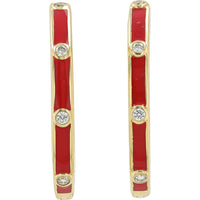 14K Yellow Gold Medium Hoop Earrings with Bezel Set Round Diamonds and Vibrant Red Enamel Inlay - 0.10 Carat Total Diamond Weight