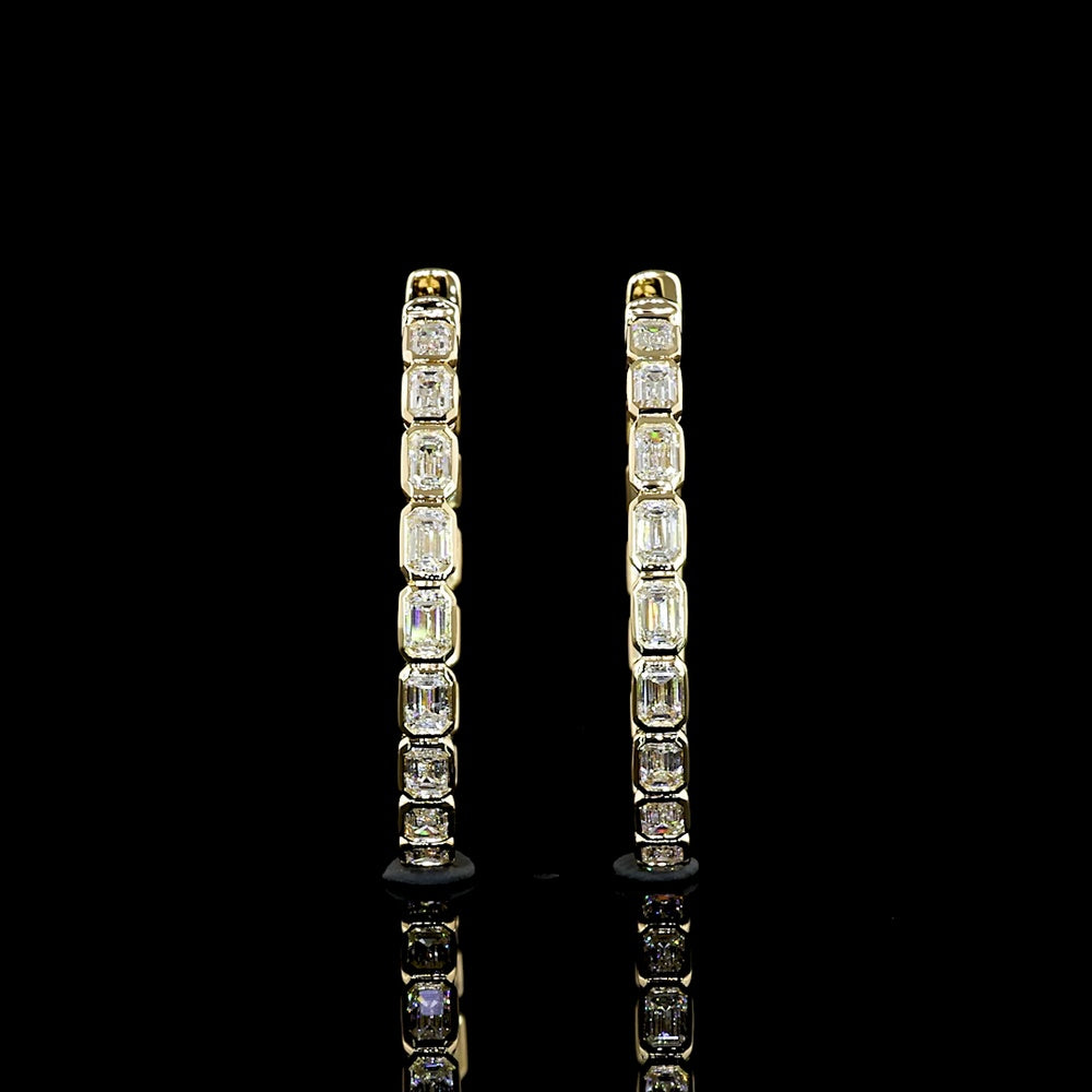 14K Yellow Gold Medium Hoop Earrings with East-West Bezel Set Emerald Cut Lab Diamonds - 2.95 Carats Total Diamond Weight - Covaloro Fine Jewelry