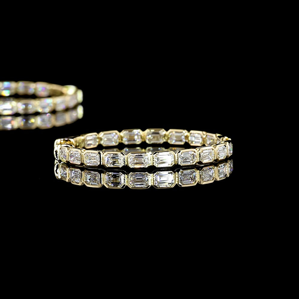 14K Yellow Gold Medium Hoop Earrings with East-West Bezel Set Emerald Cut Lab Diamonds - 2.95 Carats Total Diamond Weight - Covaloro Fine Jewelry