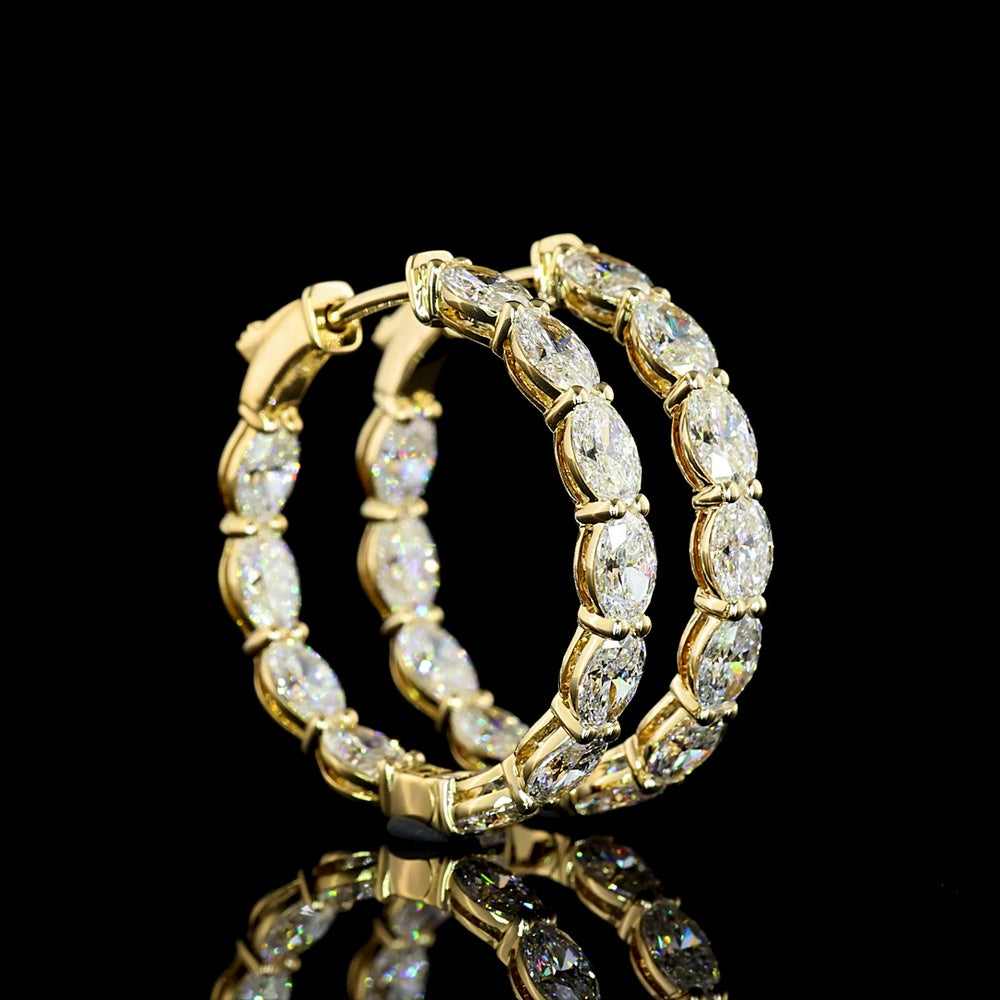 14K Yellow Gold Medium Hoop Earrings with East-West Prong Set Oval Lab Grown Diamonds - 4.88 Carat Total Diamond Weight - Covaloro Fine Jewelry