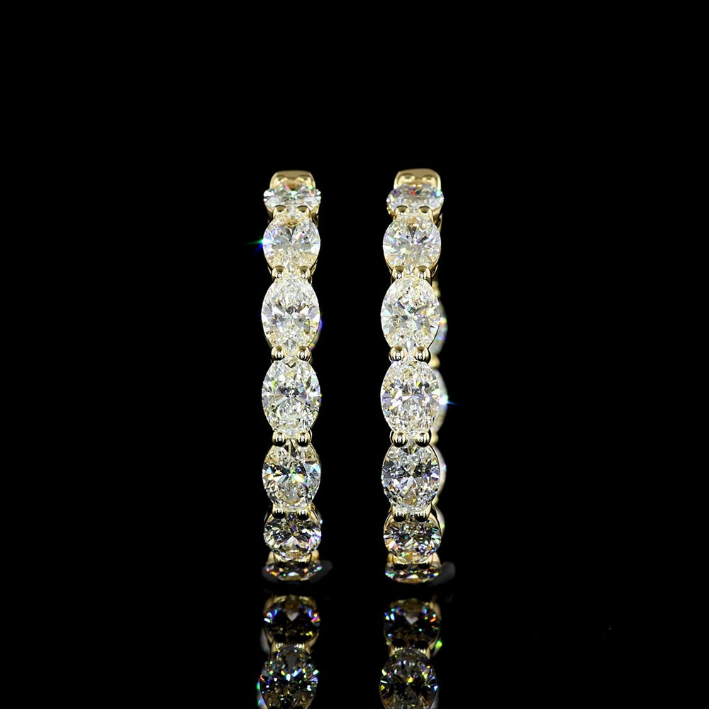 14K Yellow Gold Medium Hoop Earrings with East-West Prong Set Oval Lab Grown Diamonds - 4.88 Carat Total Diamond Weight - Covaloro Fine Jewelry