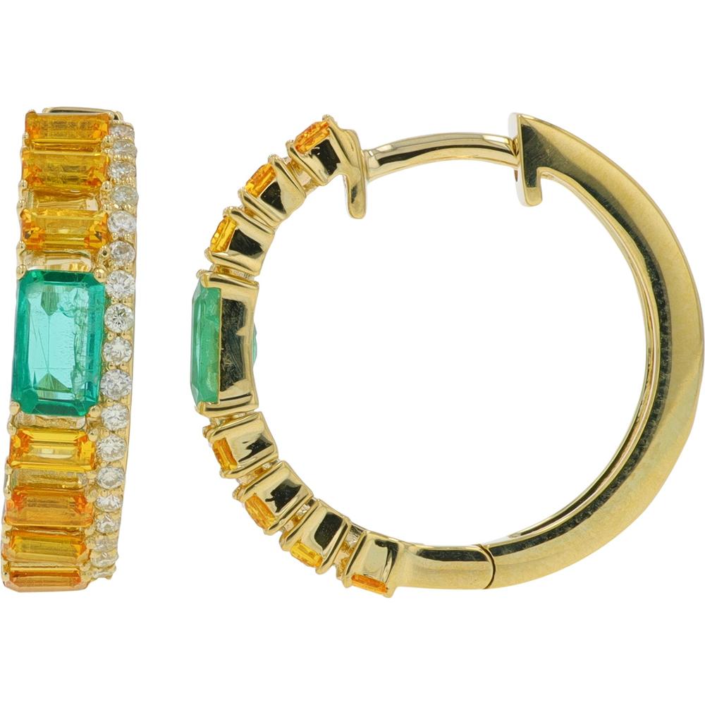 14K Yellow Gold Medium Hoop Earrings with Emerald, Yellow Sapphire 1.55 - 1.70 Carat Total, and Diamond Accents 0.20 Carat Total